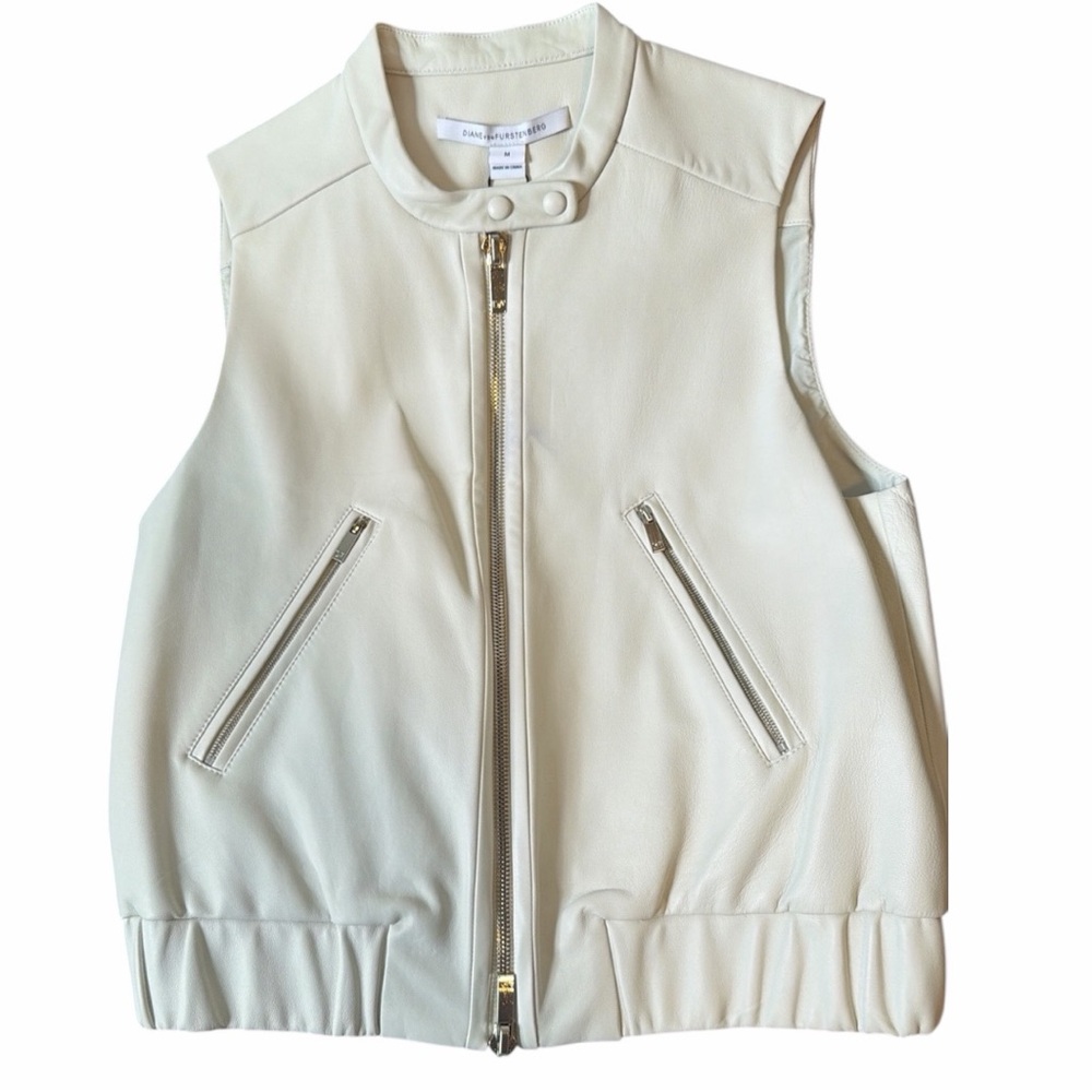 Diane von Furstenberg (DVF) Ivory Lambskin Leather Buckley Bomber Vest-Sz 6 NWT